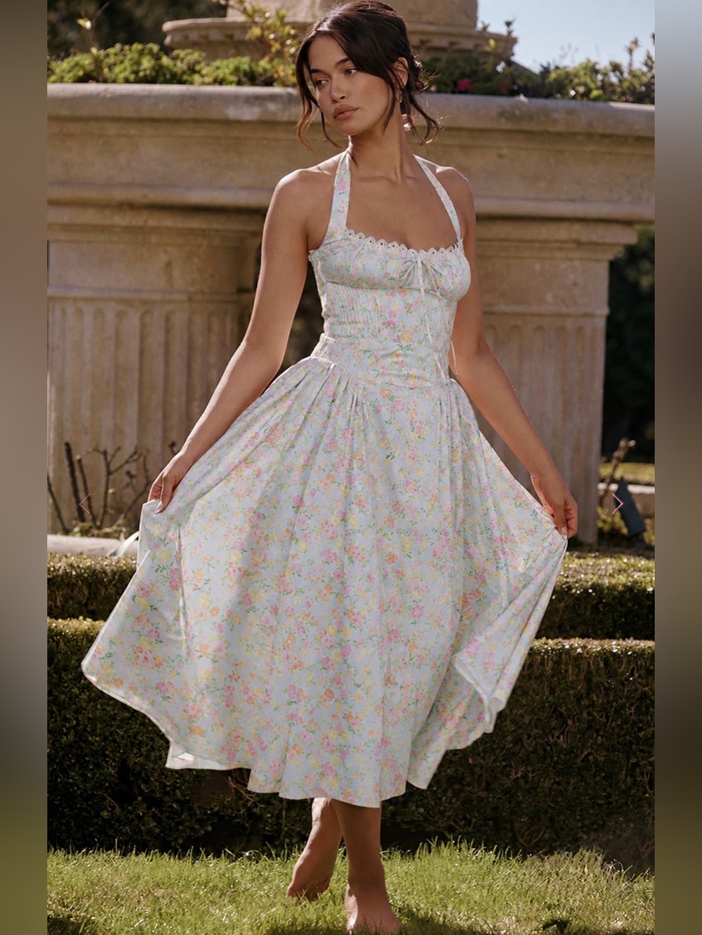 House of CB ADABELLA Pale Blue Meadow Print Cotton Halter Sundress